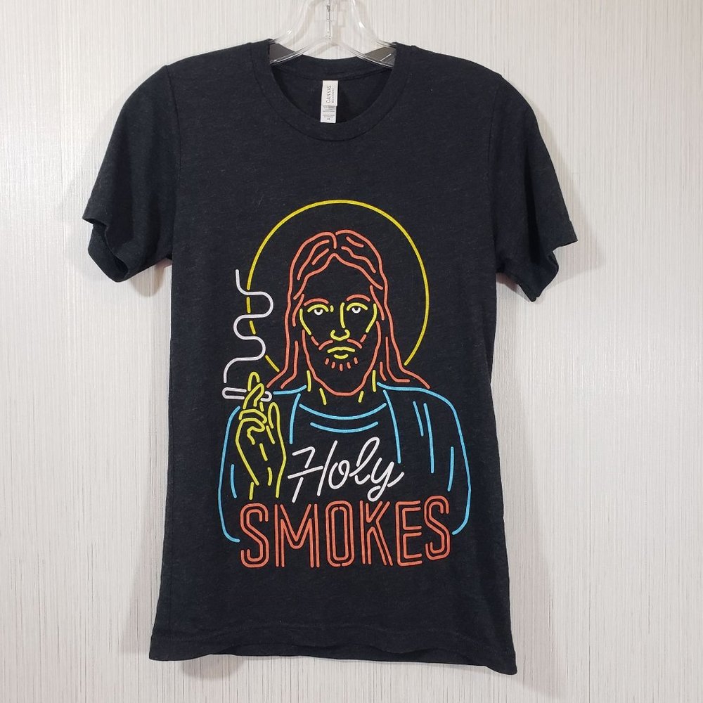 Canvas Holy Smokes funny‎ graphic t-shirt with neon Jesus smoking